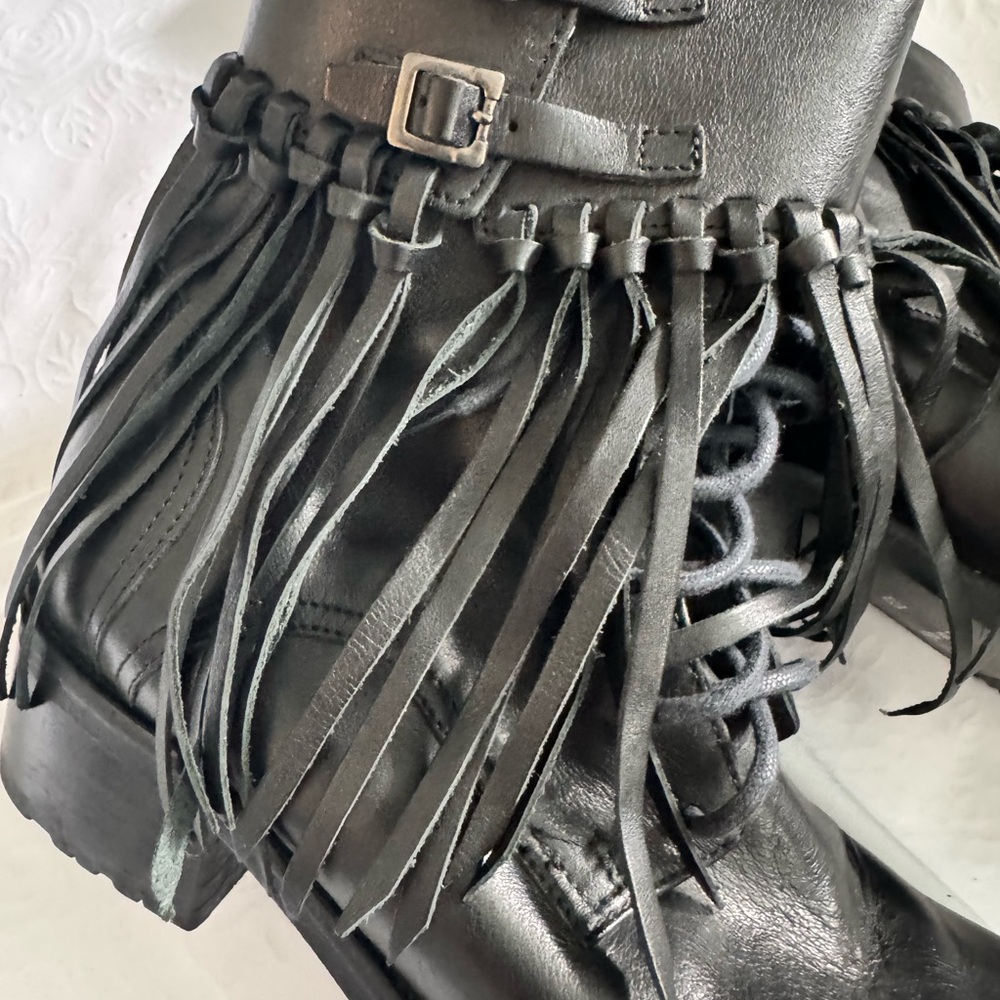 Fabianelli Italian Made Leather Black Fringe Ankle Booties with Buckle Accents - Picture 6 of 13